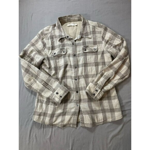 prAna Tops - prAna Shirt Womens Medium Gray Beige Plaid Flannel Lined Snap Shacket Outdoor